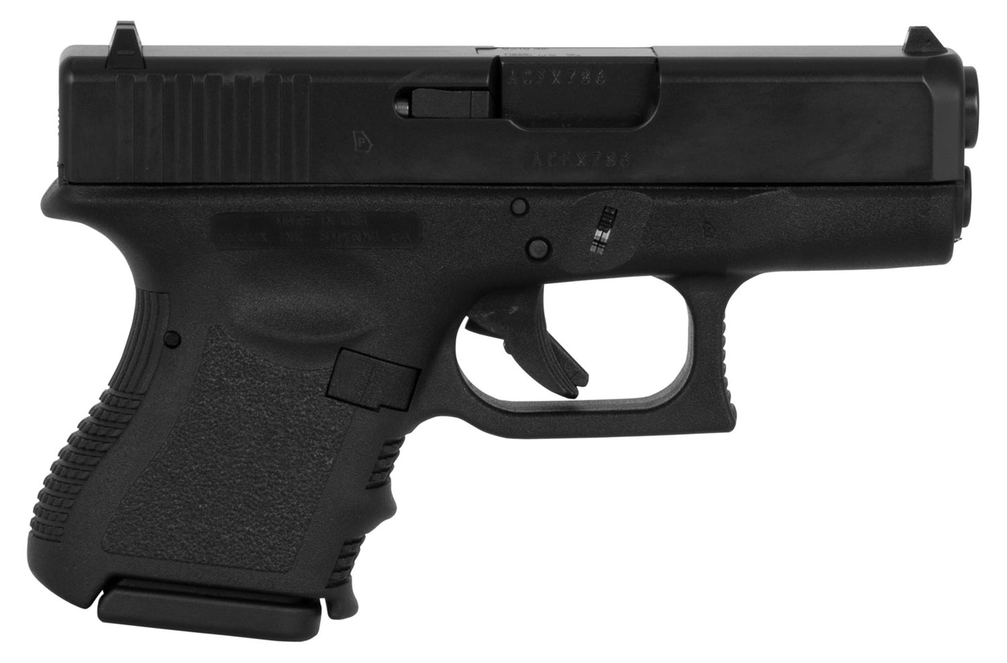 Glock UI2650201 G26 Gen3 Sub-Compact 9mm Luger 10+1 3.43" Black Polygonal Rifled Barrel, Matte Black Serrated Slide, Black Polymer Frame, Black Textured Finger Grooved Polymer Grip, Right Hand, USA Made