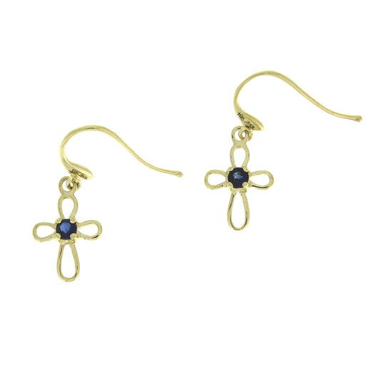 Natural .05ct Sapphire Cross Earrings 10KT Yellow Gold